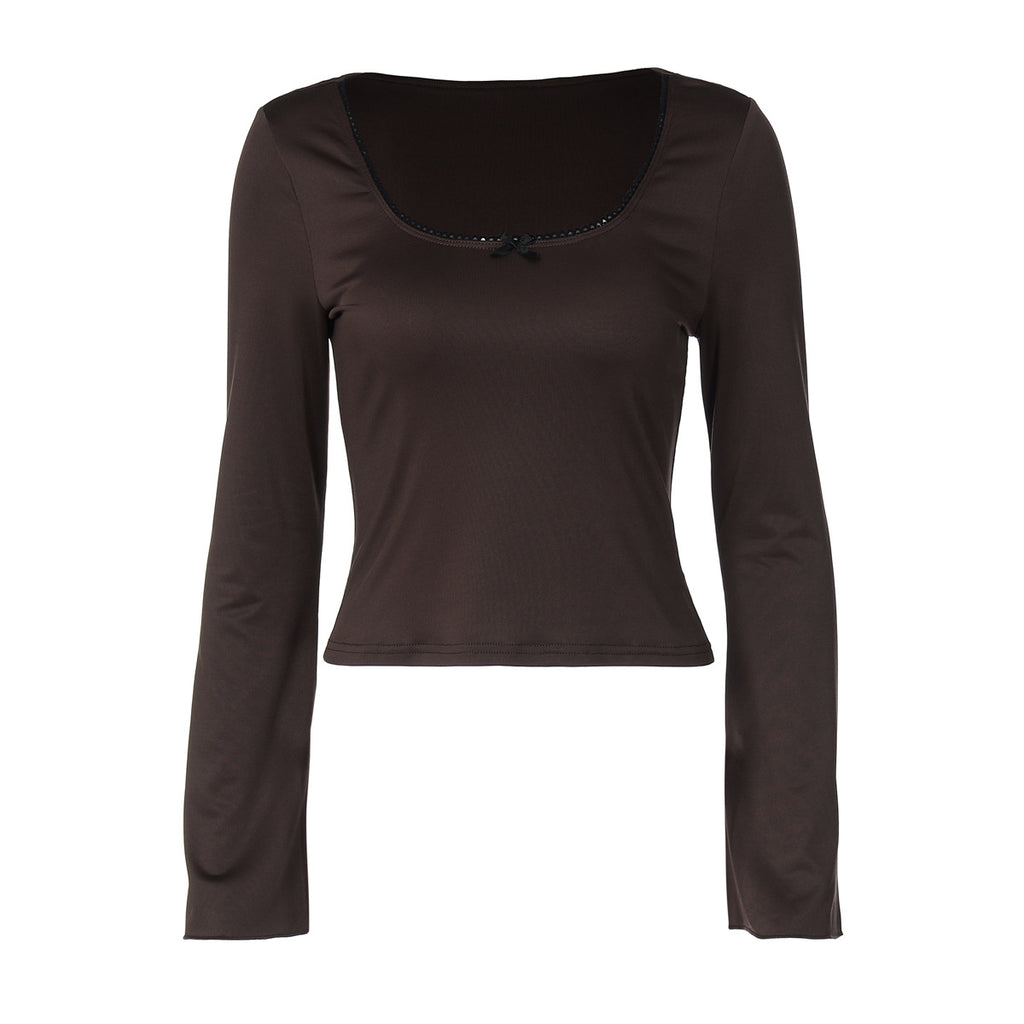Women Clothing Square Collar Long Sleeve T shirt Women