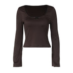 Women Clothing Square Collar Long Sleeve T shirt Women