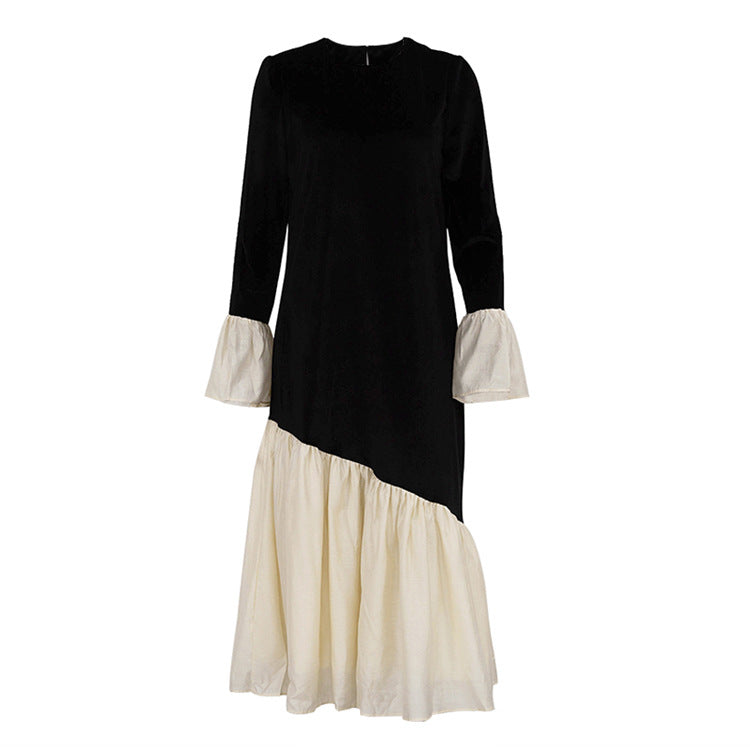 Korean Velvet Stitching round Neck Flared Sleeves