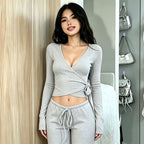 Women's Lace-Up V-Neck Long-Sleeve Top