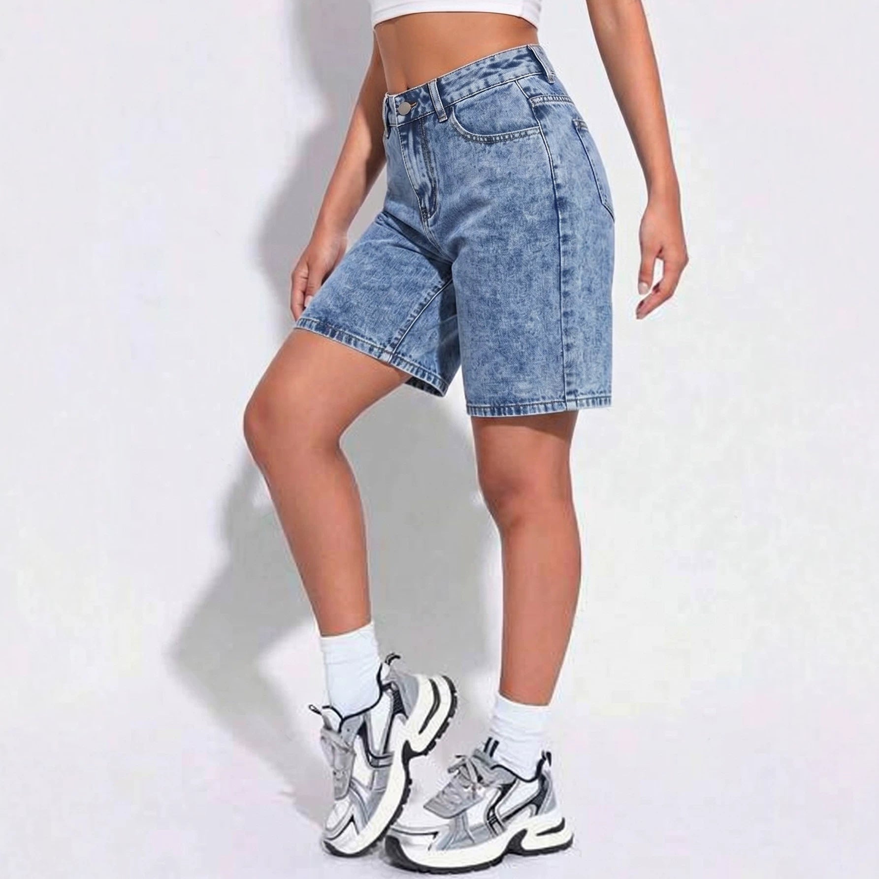 Summer Denim Shorts Women Blue Washed Distressed Loose