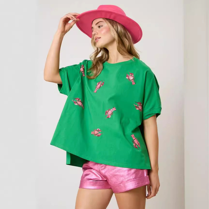 Women's Spring Summer Women Clothing Loose Fitting Casual T Shirt Top Lobster Sequined Short Sleeve Women