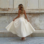 Women's Halter Deep V Lace-Trim A-Line Midi Dress