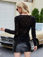 Women's Spring Autumn Office Slim Fit Pullover Round Collar In Black Mesh Lace Printed Bottoming Shirt Top