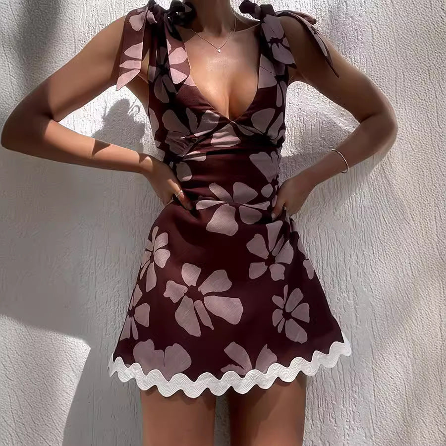 Lace Printing Sweet V-Neck Mini Dress