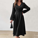 Women's French V Neck Dress Elegant A Line High Waist Midi Dress