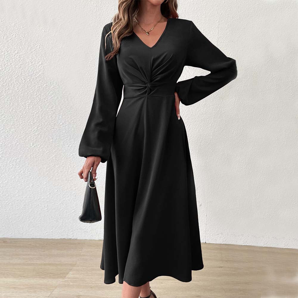 Women's French V Neck Dress Elegant A Line High Waist Midi Dress