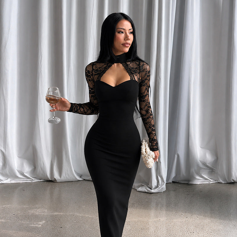 Women's Lace Half-Turtleneck Slim-Fit Maxi Dress