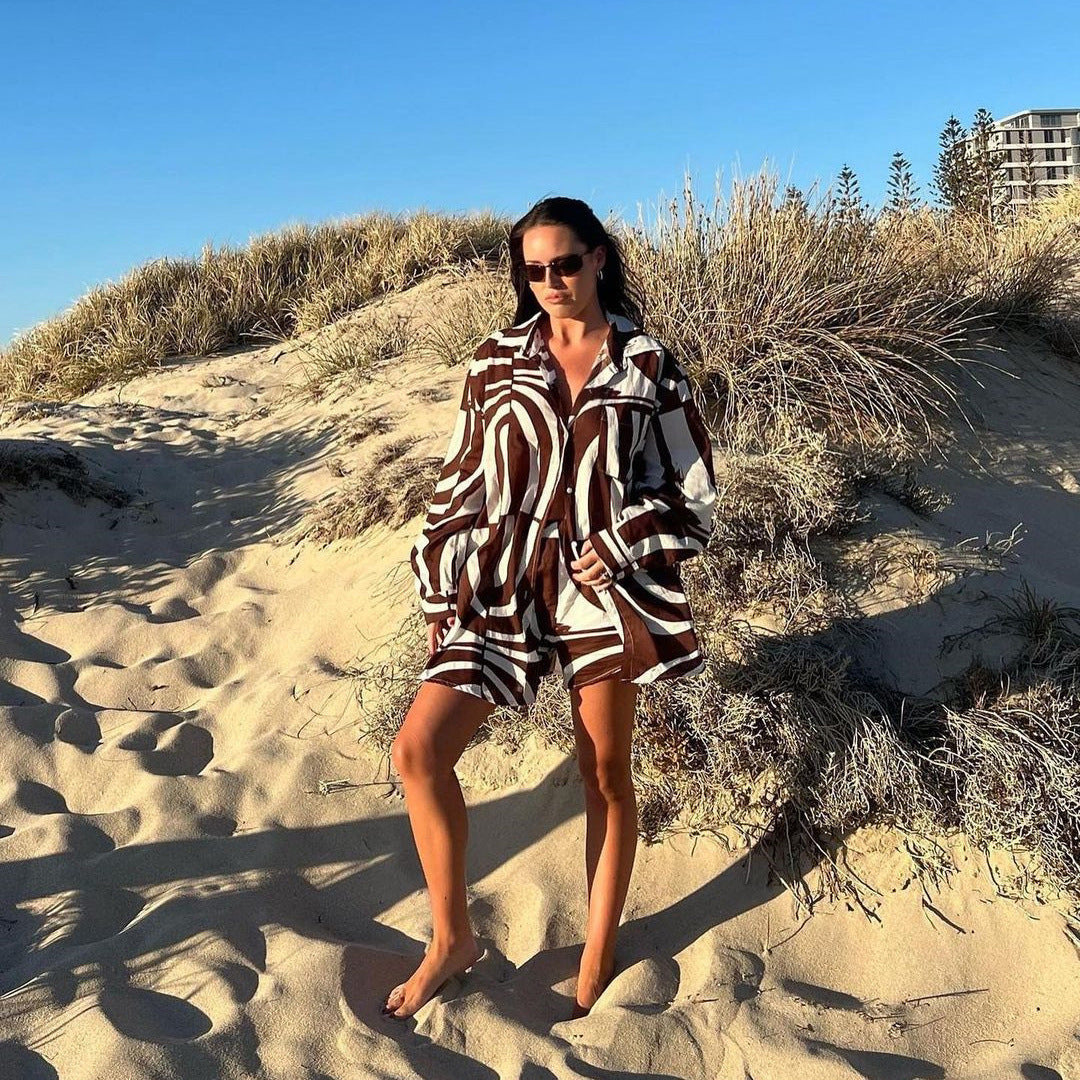 Women's Spring Summer Beach Casual Suit Loose Collared Long Sleeves Shirt Shorts Two-Piece Clothing