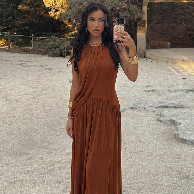 Women's Spring Personality Slim Fit Pleated round Neck Sleeveless Dress