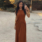Women's Spring Personality Slim Fit Pleated round Neck Sleeveless Dress
