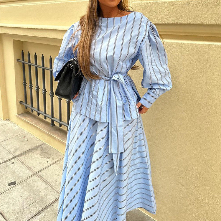 Striped Skirt Set round Neck Long Sleeve