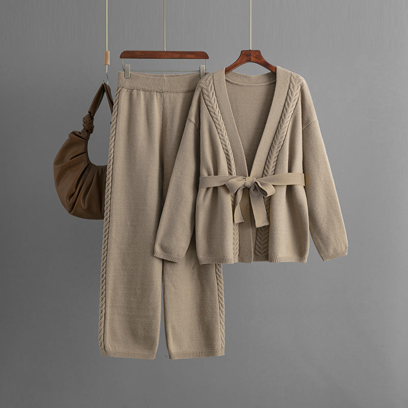 Loose Casual Sweater Knitted Cardigan Coat Wide Leg Pants Two-Piece Set