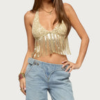 Sexy Women Sequined Tassel Lace up Halterneck Spaghetti