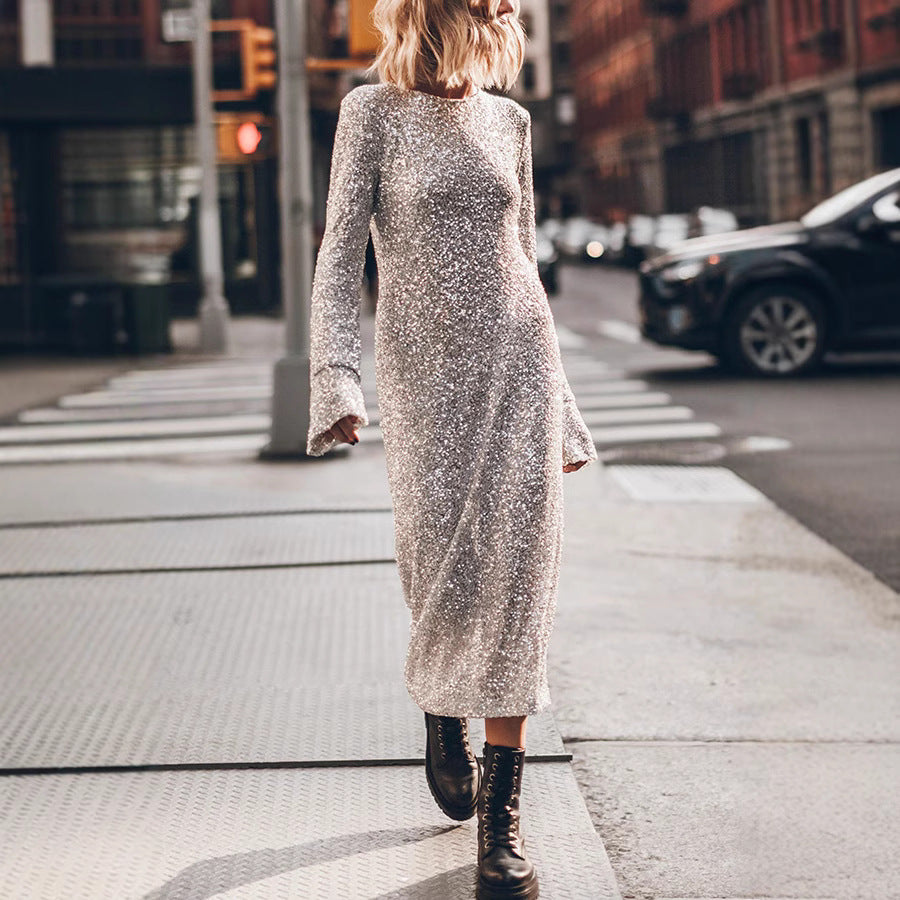 Simple Sequin Street Long Sleeve Dress