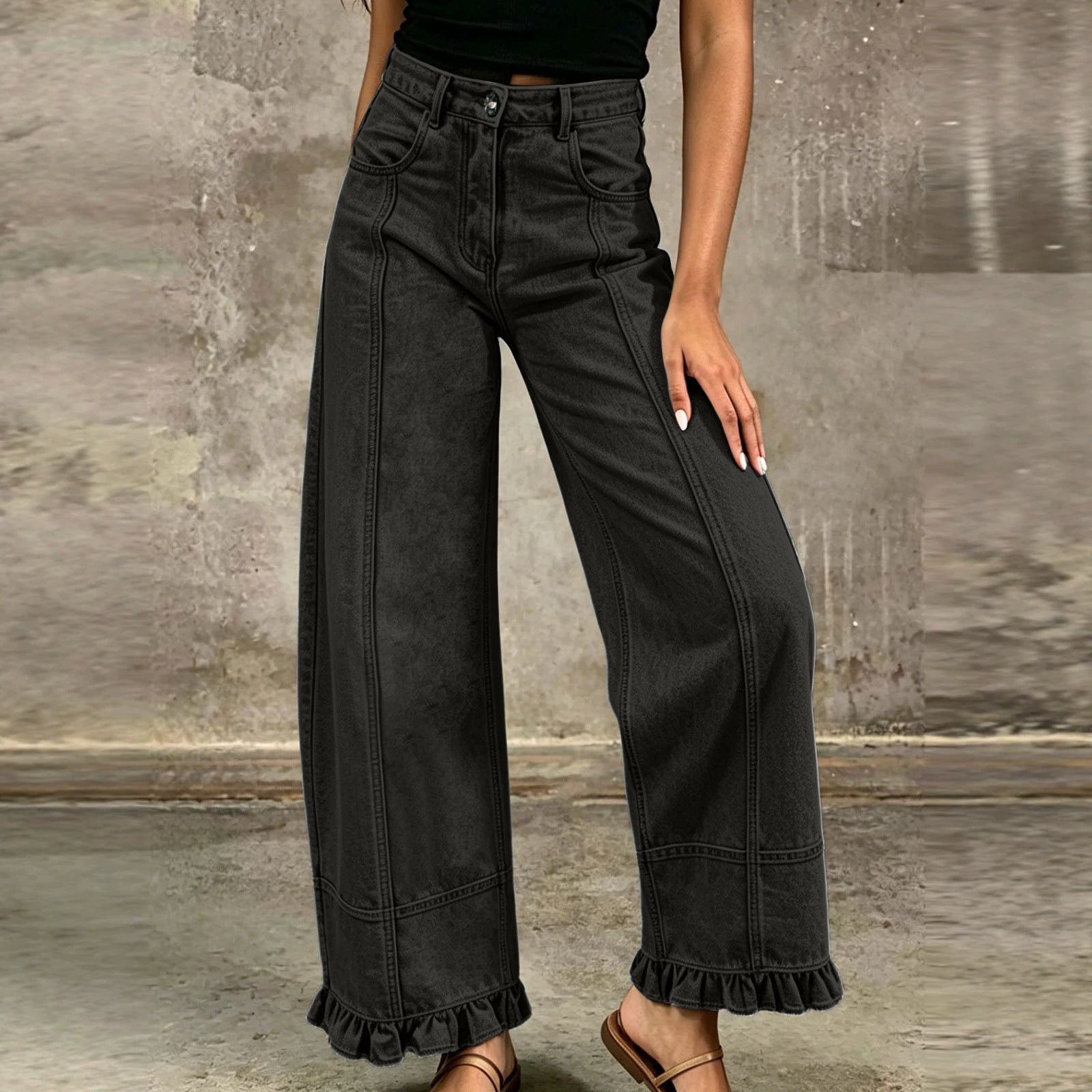 Wooden Ear Trousers Design Straight Loose Fitting Women