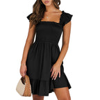 Women’s summer dress in black with smocked bodice and tiered ruffle skirt