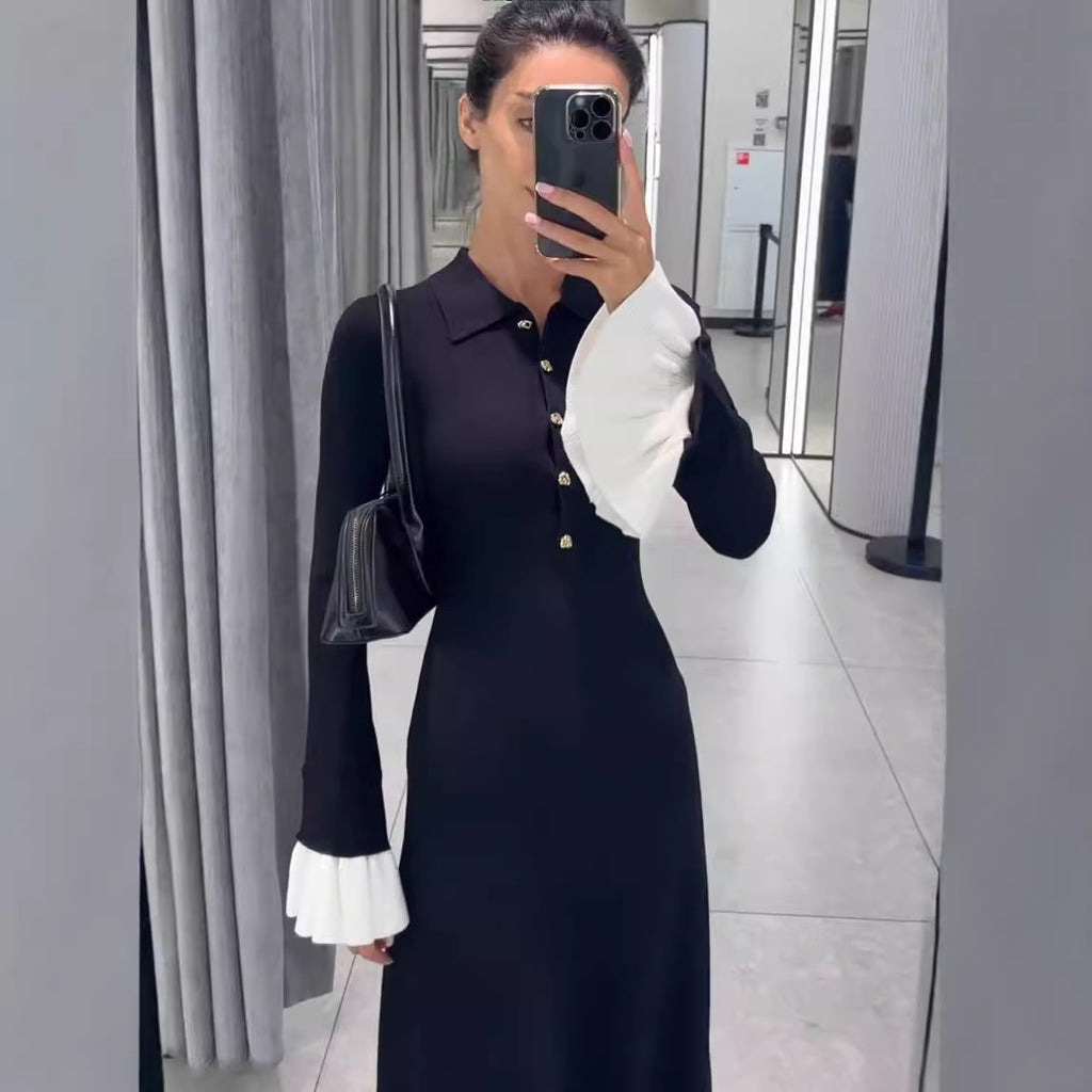 Collared Long-Sleeve Knit A-Line Maxi Dress
