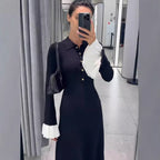 Collared Long-Sleeve Knit A-Line Maxi Dress