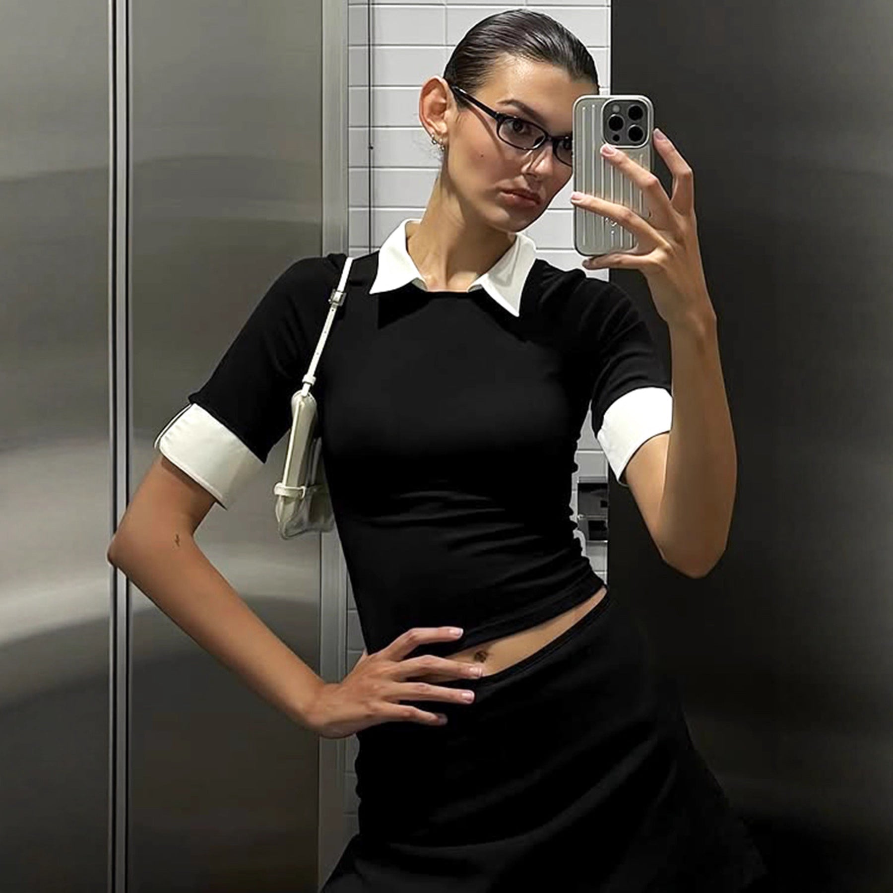 Office Faux Two Piece Half Sleeve Siren Top Shirt Collar