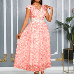 3D Rose V-Neck Flounce Cocktail Dress