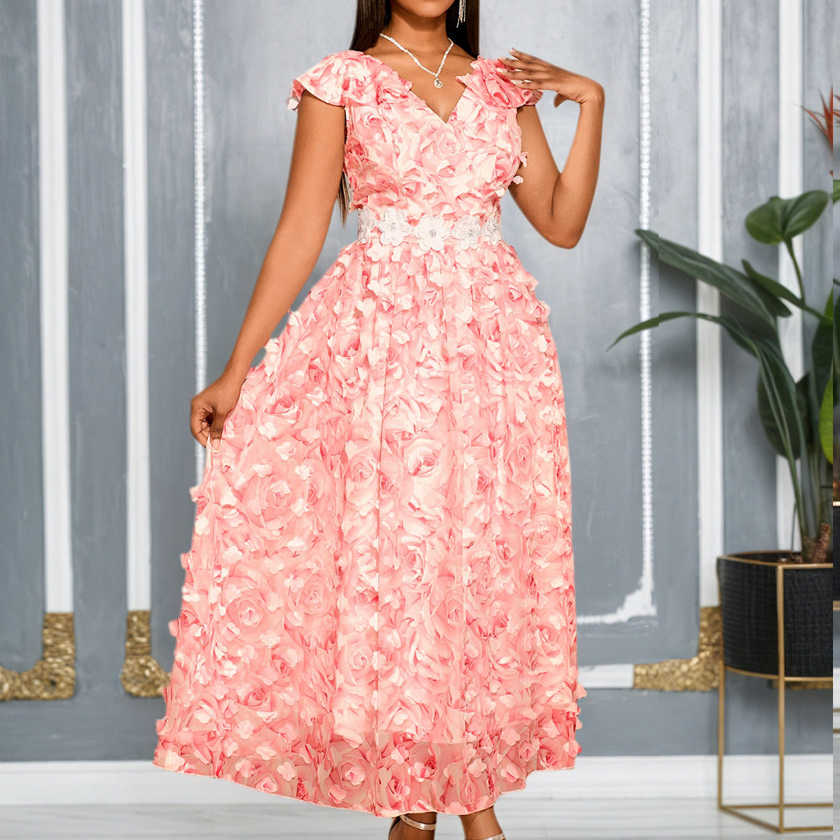 3D Rose V-Neck Flounce Cocktail Dress