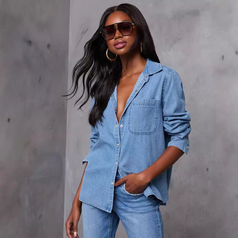 Women's Denim Shirt Pocket Loose Long Sleeve