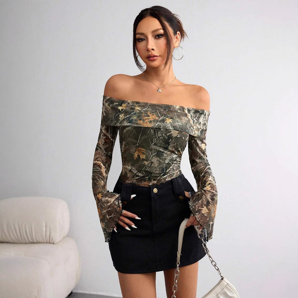 Printed Sheer Mesh Off-Shoulder Top