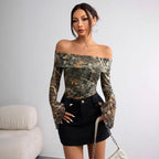 Printed Sheer Mesh Off-Shoulder Top