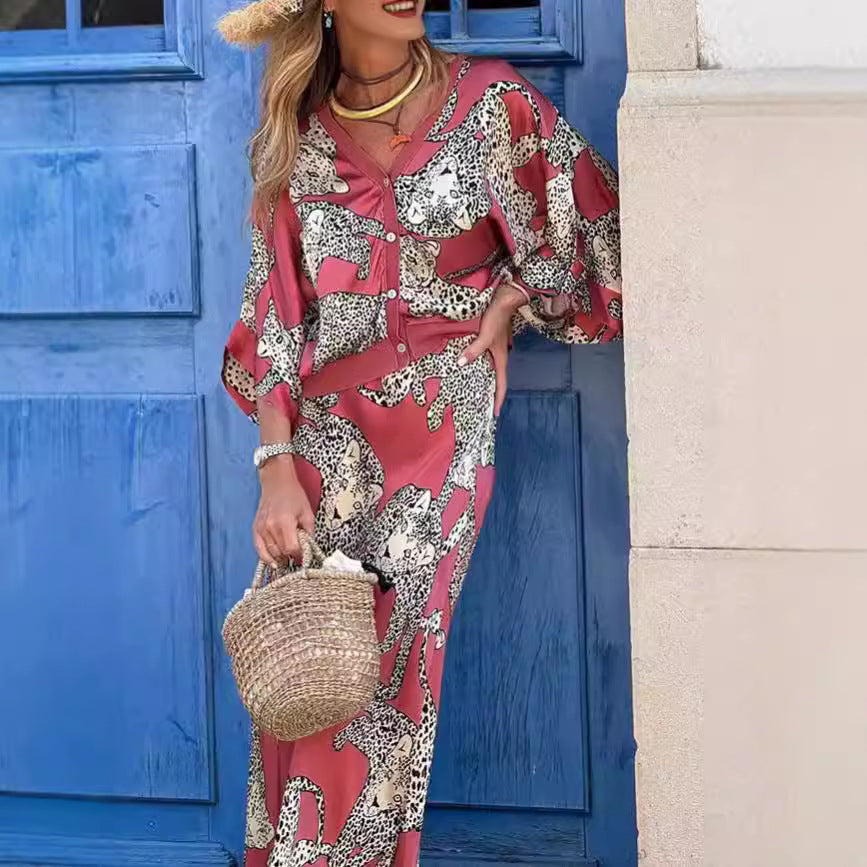 Printing Series Buckle Top Skirt Set