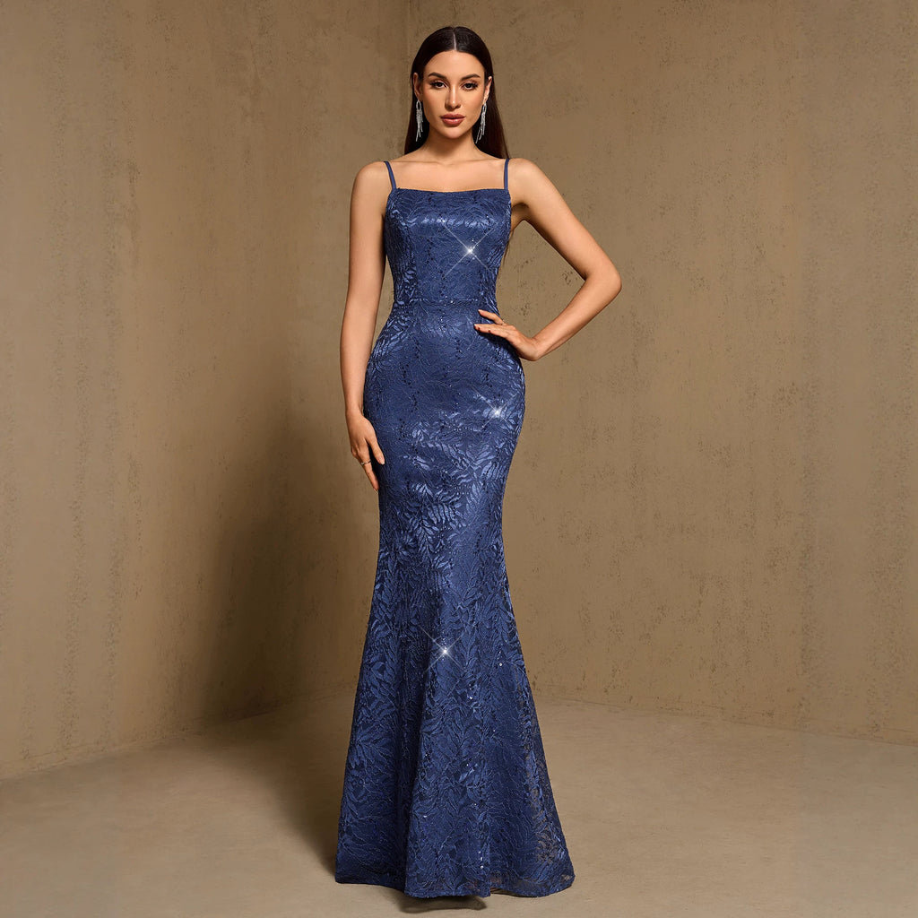Navy blue sequin maxi dress, square neckline, sleeveless fitted silhouette