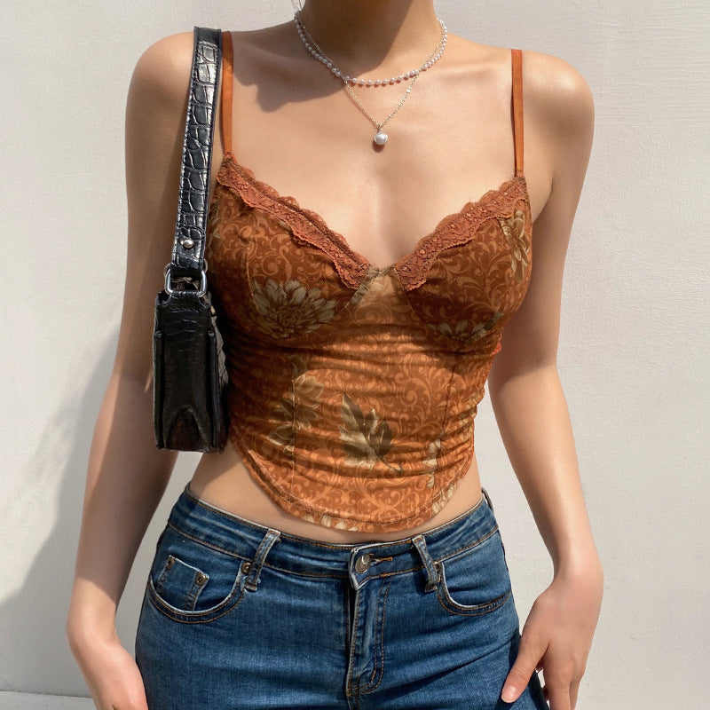 Women’s Brown Printed Mesh Backless Camisole