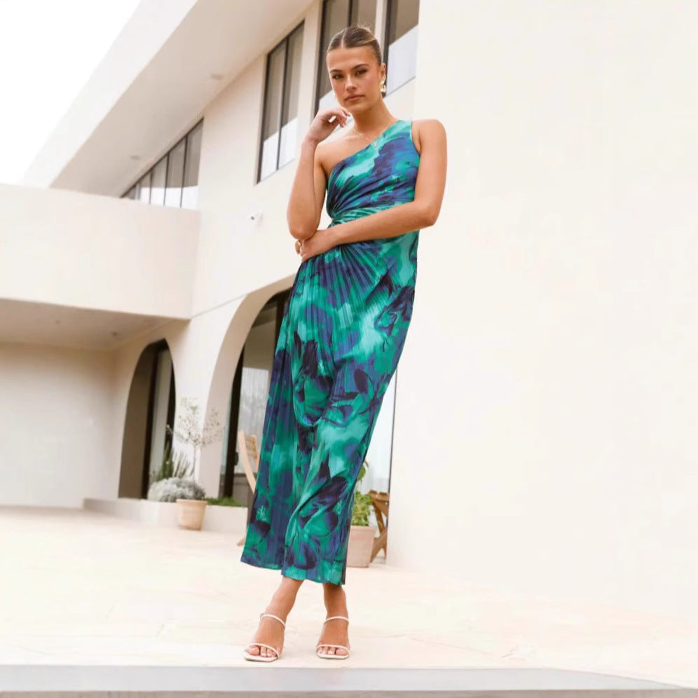 Women's Oblique Shoulder Sleeveless One Shoulder Printed Top