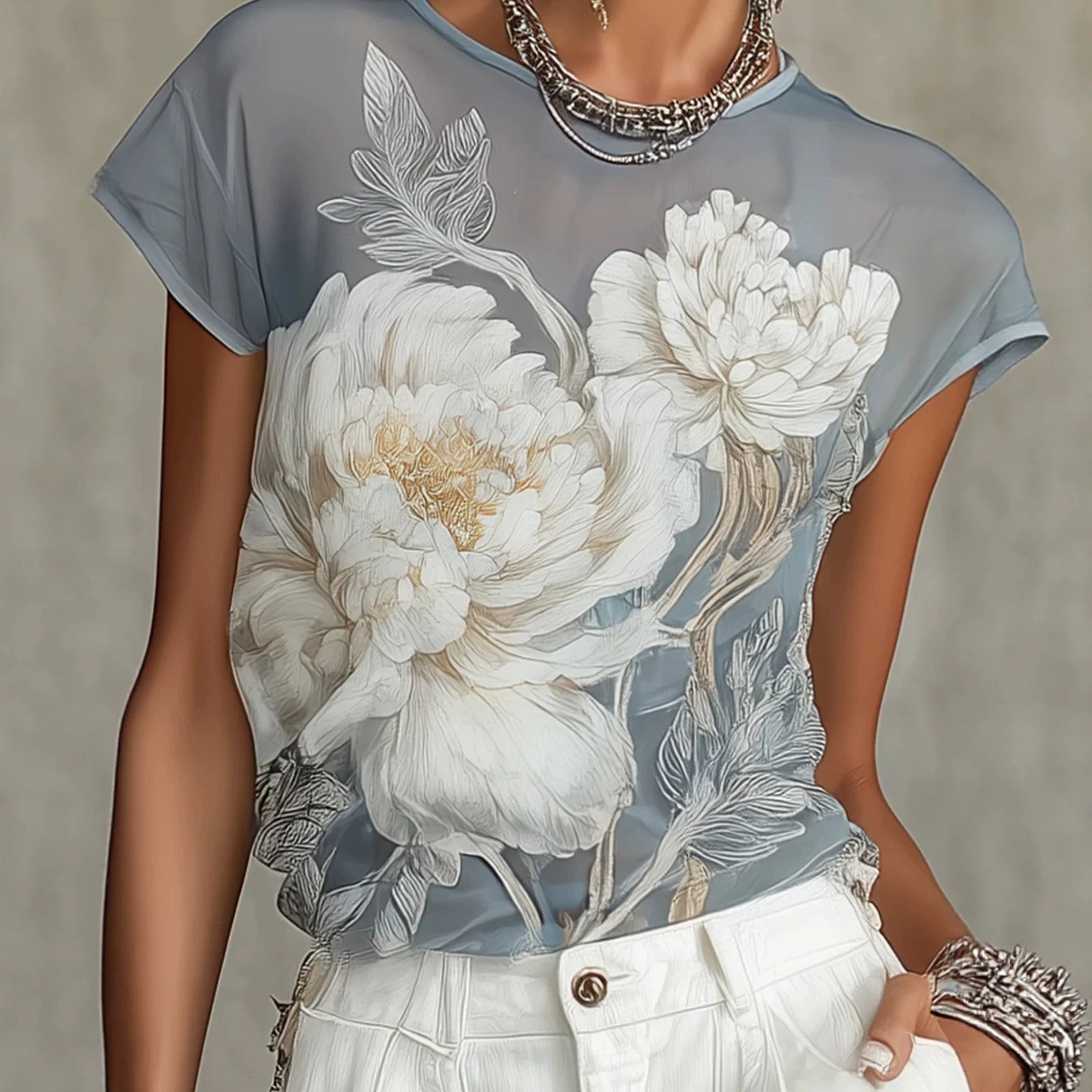 Summer Print Short Sleeve T shirt Women White Peony Thin