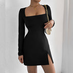 Square-Neck Long-Sleeve Split A-Line Mini Dress
