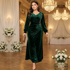 Plus Size Heavy Duty Velvet Lantern Sleeve V neck Tight Waist Fishtail Dress Dinner Light Luxury Dress