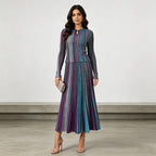 Light Luxury Socialite Intellectual Striped Two Piece Sets round Neck Hollow Out Cutout Long Sleeve Top Pleated Skirt