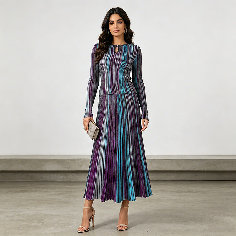 Light Luxury Socialite Intellectual Striped Two Piece Sets round Neck Hollow Out Cutout Long Sleeve Top Pleated Skirt