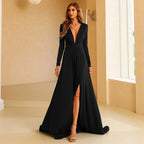 Women's Green V-Neck Long Sleeve Slit Evening Maxi Dress