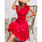 Summer Printed round Neck Ruffled Short-Sleeve One Piece Dress