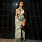 Abstract Print Halter Backless Split Bodycon Maxi Dress