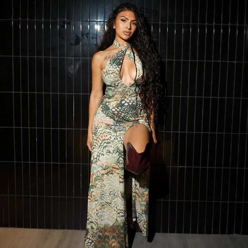 Abstract Print Halter Backless Split Bodycon Maxi Dress