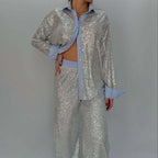 Women's Loose Casual Sequin Blazer Wide Leg Pants Two Piece Sets