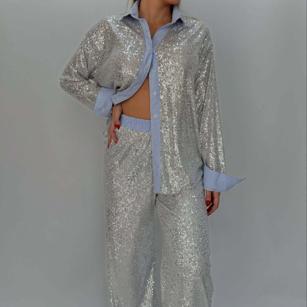 Women's Loose Casual Sequin Blazer Wide Leg Pants Two Piece Sets