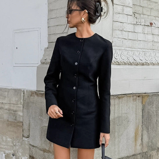 Crew-Neck Button Long-Sleeve A-Line Mini Dress