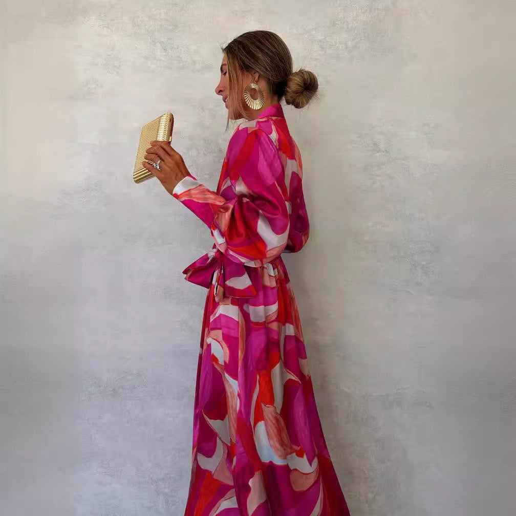 Printed V-Neck Long-Sleeve Slit Dress