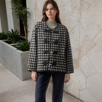 Autumn Winter Women round Neck Hemming Houndstooth Leather