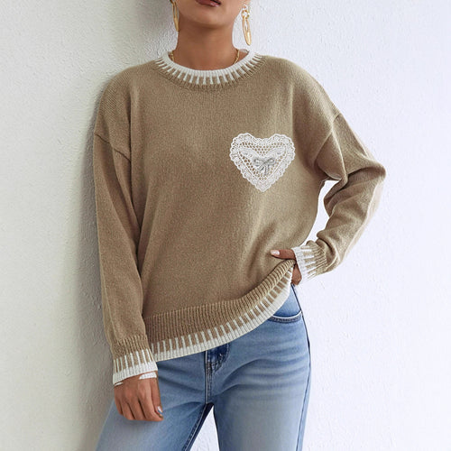 Khaki loose knit sweater with heart lace applique and ribbed crew neck, cuffs, hem