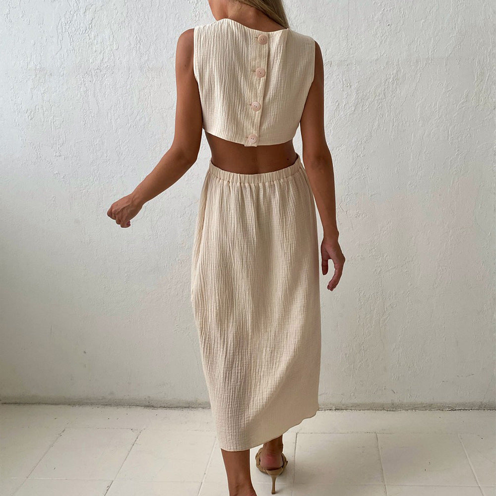 Cotton Crew-Neck Cutout Long-Sleeve A-Line Maxi Dress