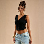 Sexy V neck SL Top Women Back Cross Button Waist Slimming